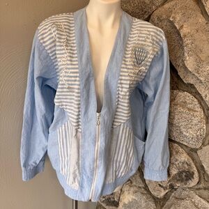 Vintage Saint Germain Blue Embroidered Women's Coastal Bomber Jacket Pockets Zip